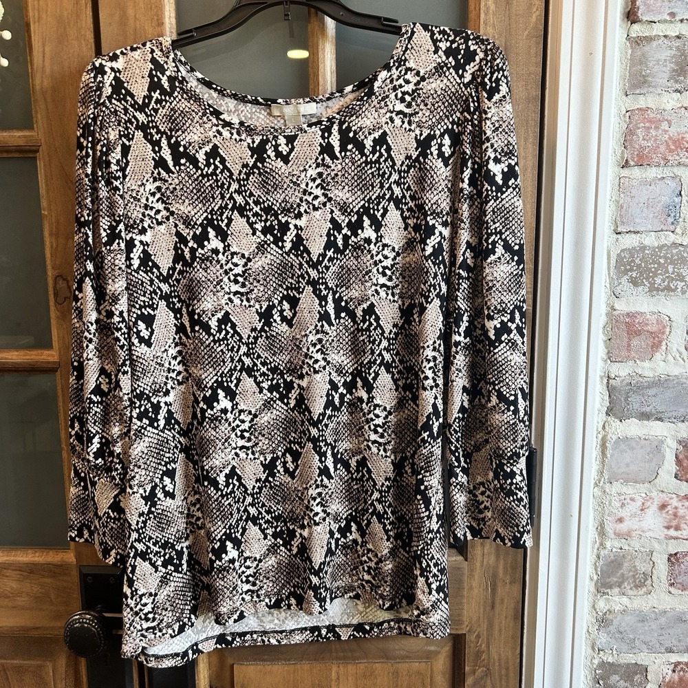 Sunny Leigh Blouse Womens‎ Large Tan Black Snakeskin Print 3/4 Sleeve Scoop Neck